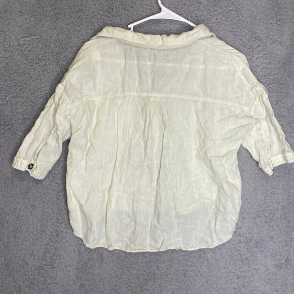 Zara womens S pale yellow short sleeve button up crop linen top collared casual - Picture 3 of 7